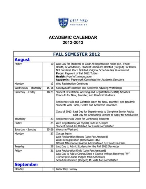 Dillard Academic Calendar